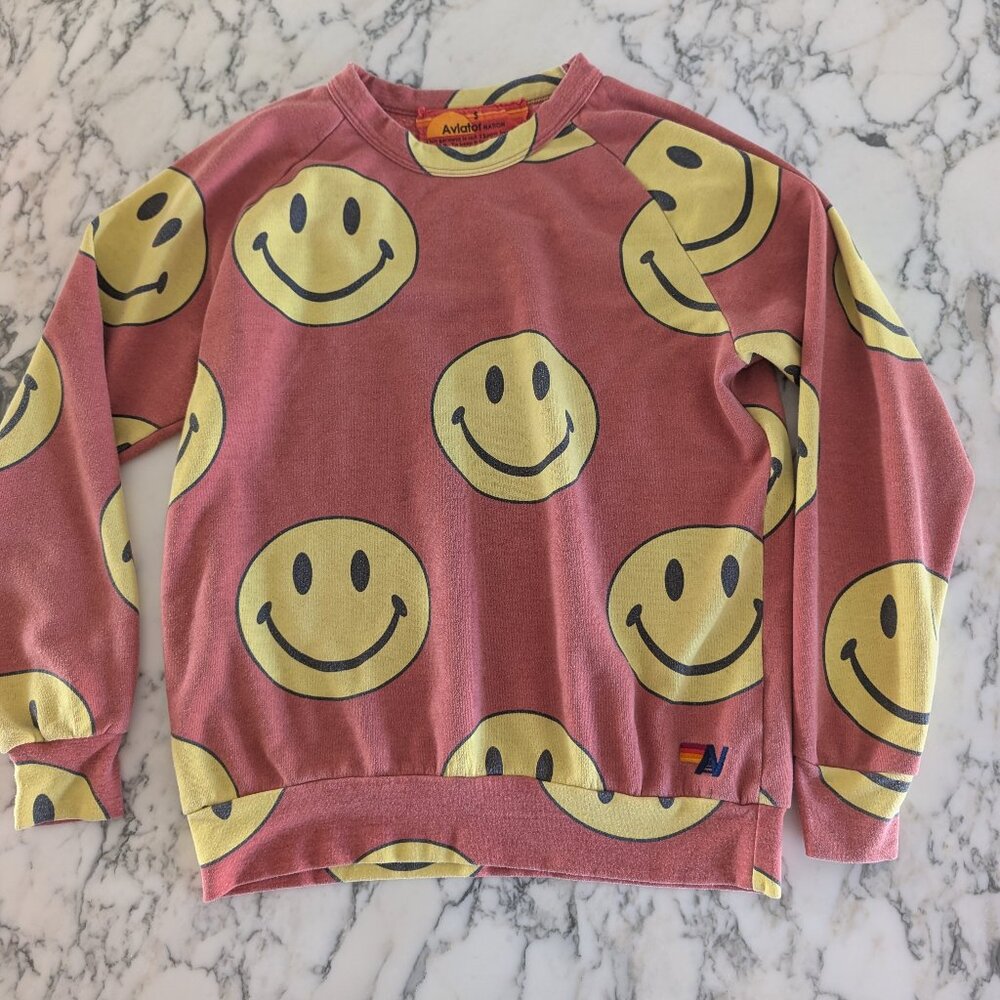 Women's Orange Aviator Nation Crewneck sweatshirt Yellow Smiley Faces Sz S Small